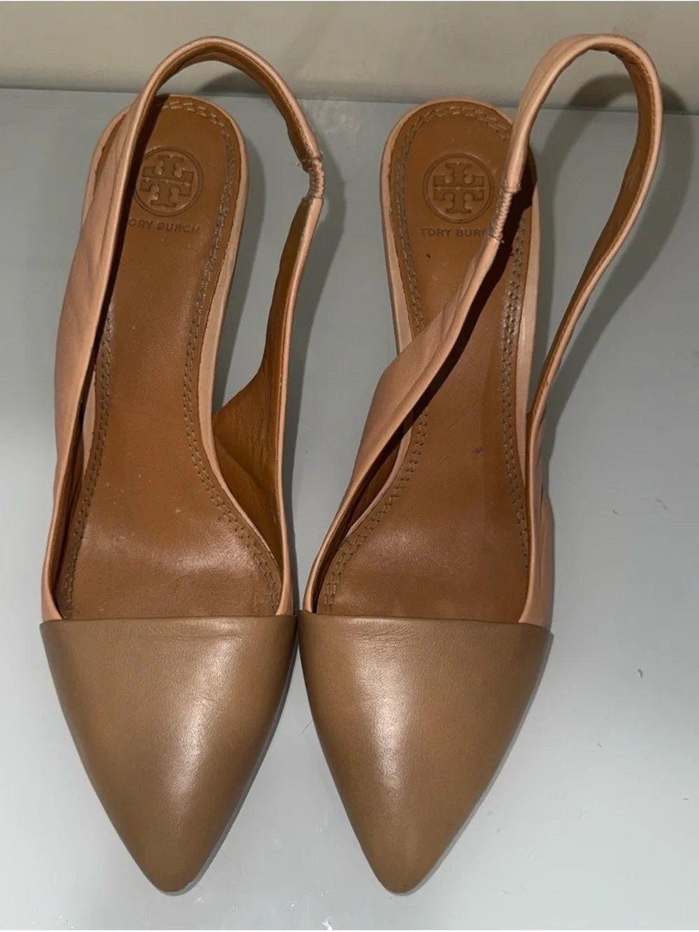 Tory Burch Two-Tone Pointed Slingback Heel in Tan and Blush